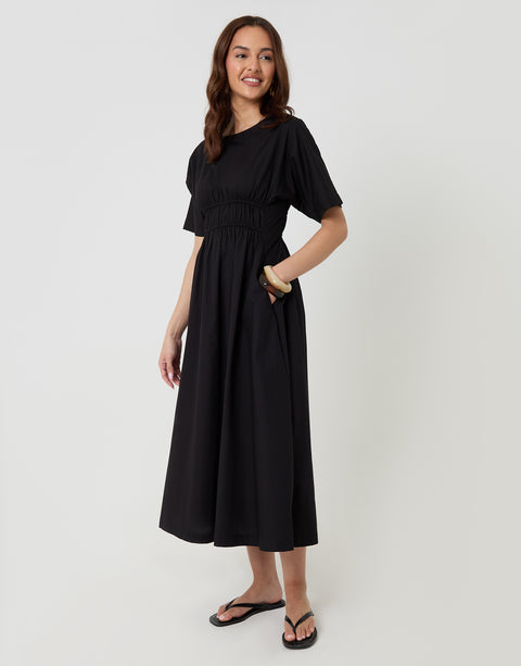 Threadbare Elasticated Waist Cotton Poplin Midi Dress in Black - full body with pockets focus