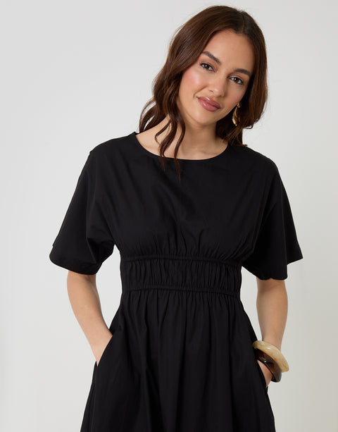 Threadbare Elasticated Waist Cotton Poplin Midi Dress in Black - front view close up