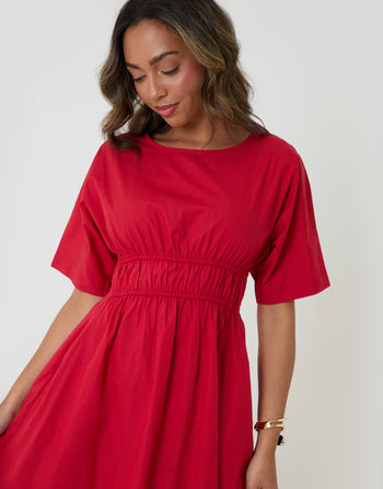 Threadbare Elasticated Waist Cotton Poplin Midi Dress in Red - detail front view