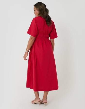 Threadbare Elasticated Waist Cotton Poplin Midi Dress in Red - back view