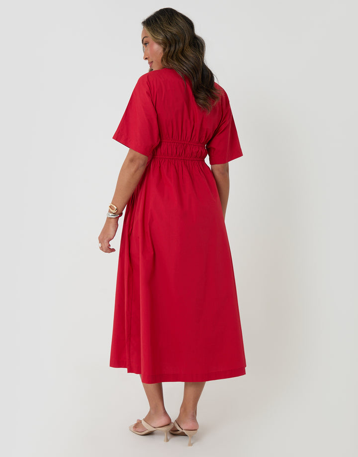 Threadbare Elasticated Waist Cotton Poplin Midi Dress in Red - back view