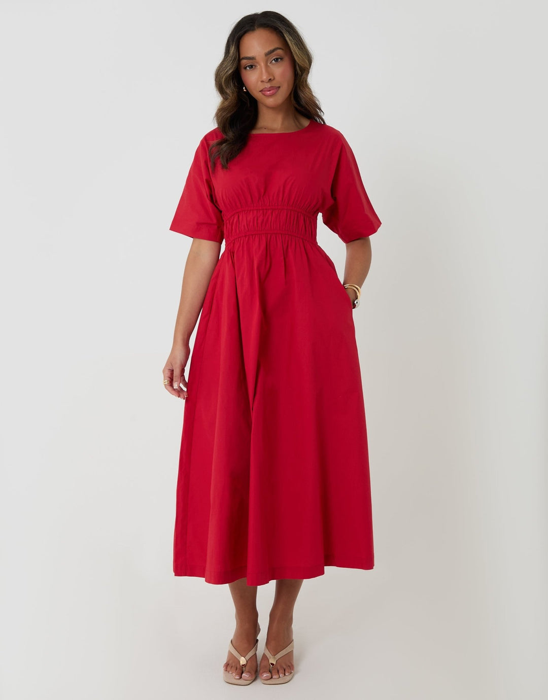 Threadbare Women's Cotton Elasticated Midi Dress in Red