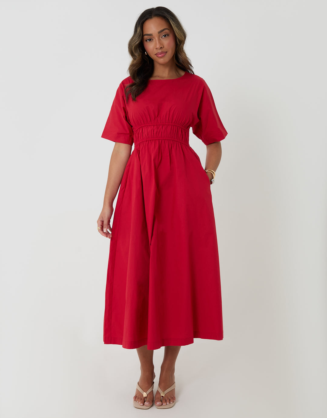 Threadbare Elasticated Waist Cotton Poplin Midi Dress in Red - front view hand in pocket