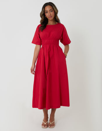 Threadbare Elasticated Waist Cotton Poplin Midi Dress in Red - front view hand in pocket