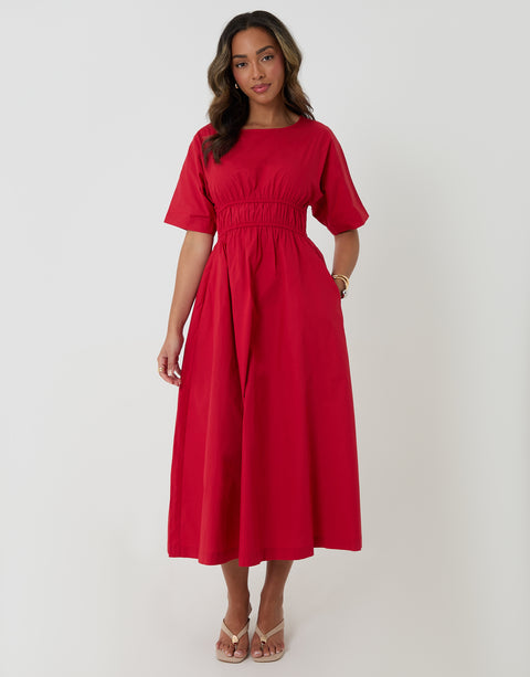Threadbare Elasticated Waist Cotton Poplin Midi Dress in Red - front view hand in pocket