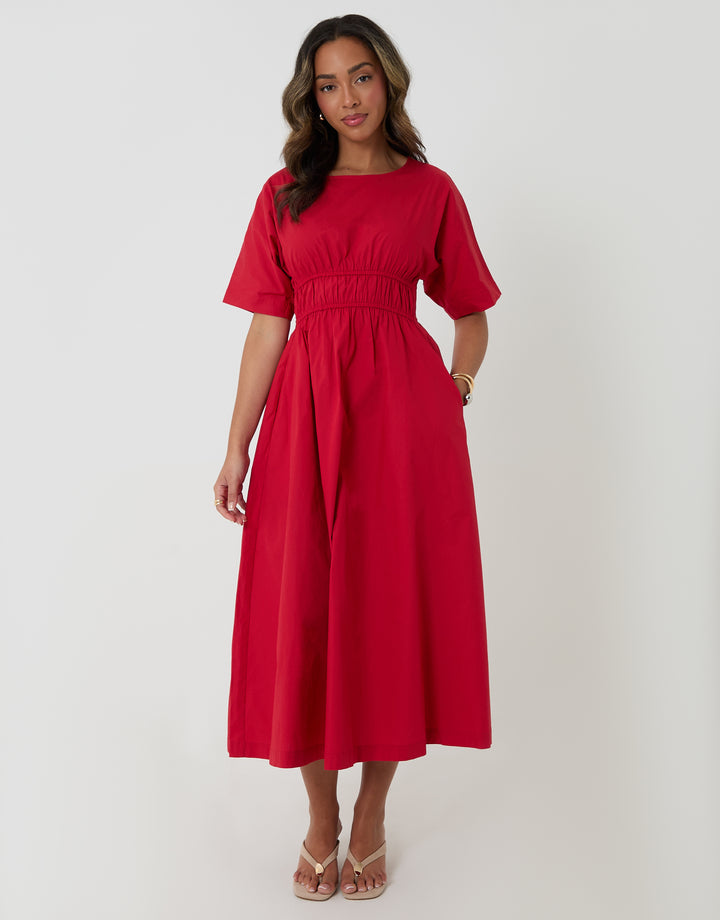 Threadbare Elasticated Waist Cotton Poplin Midi Dress in Red - front view hand in pocket
