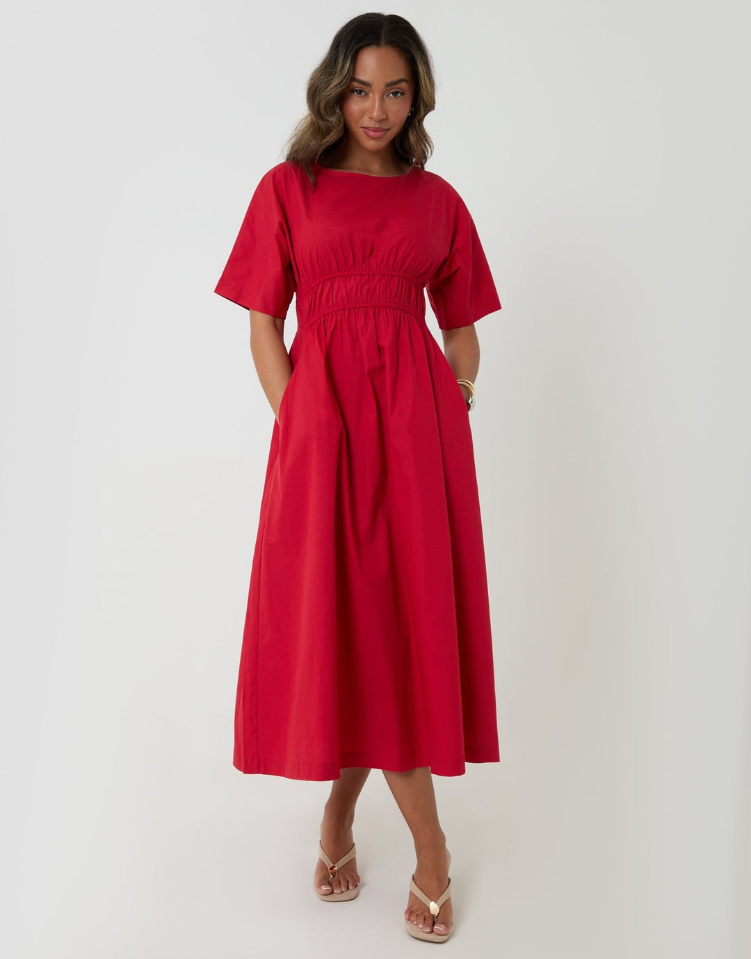 Threadbare Women's Cotton Elasticated Midi Dress in Red