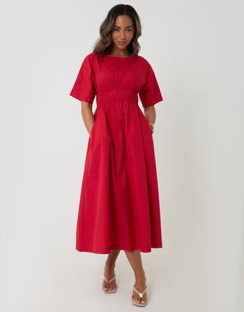 Threadbare Elasticated Waist Cotton Poplin Midi Dress in Red - front view