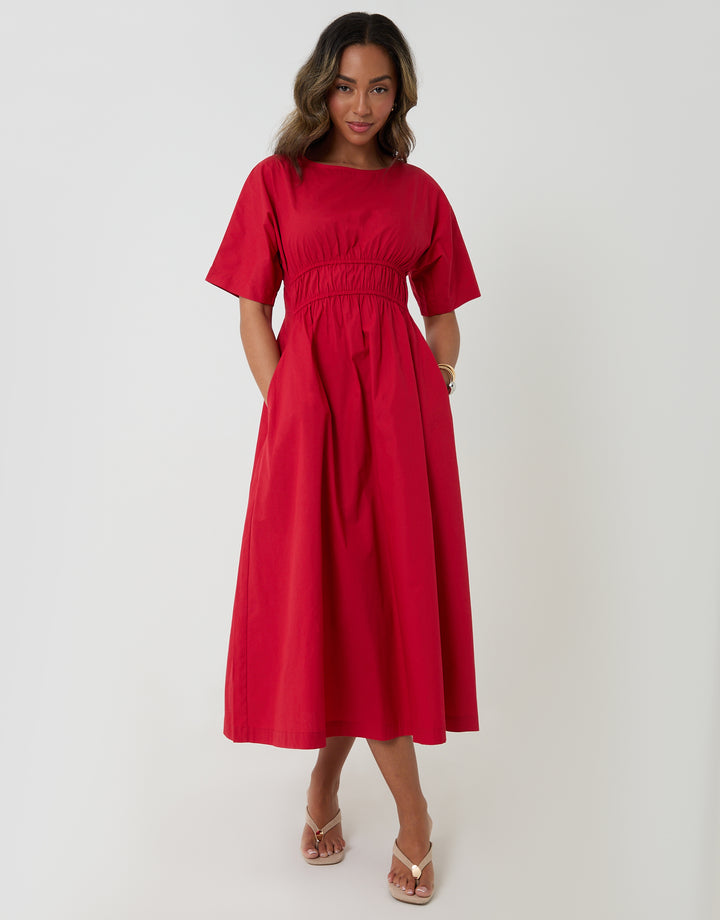 Threadbare Elasticated Waist Cotton Poplin Midi Dress in Red - front view