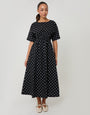 Black Polka Dot Elasticated Waist Cotton Poplin Midi Dress