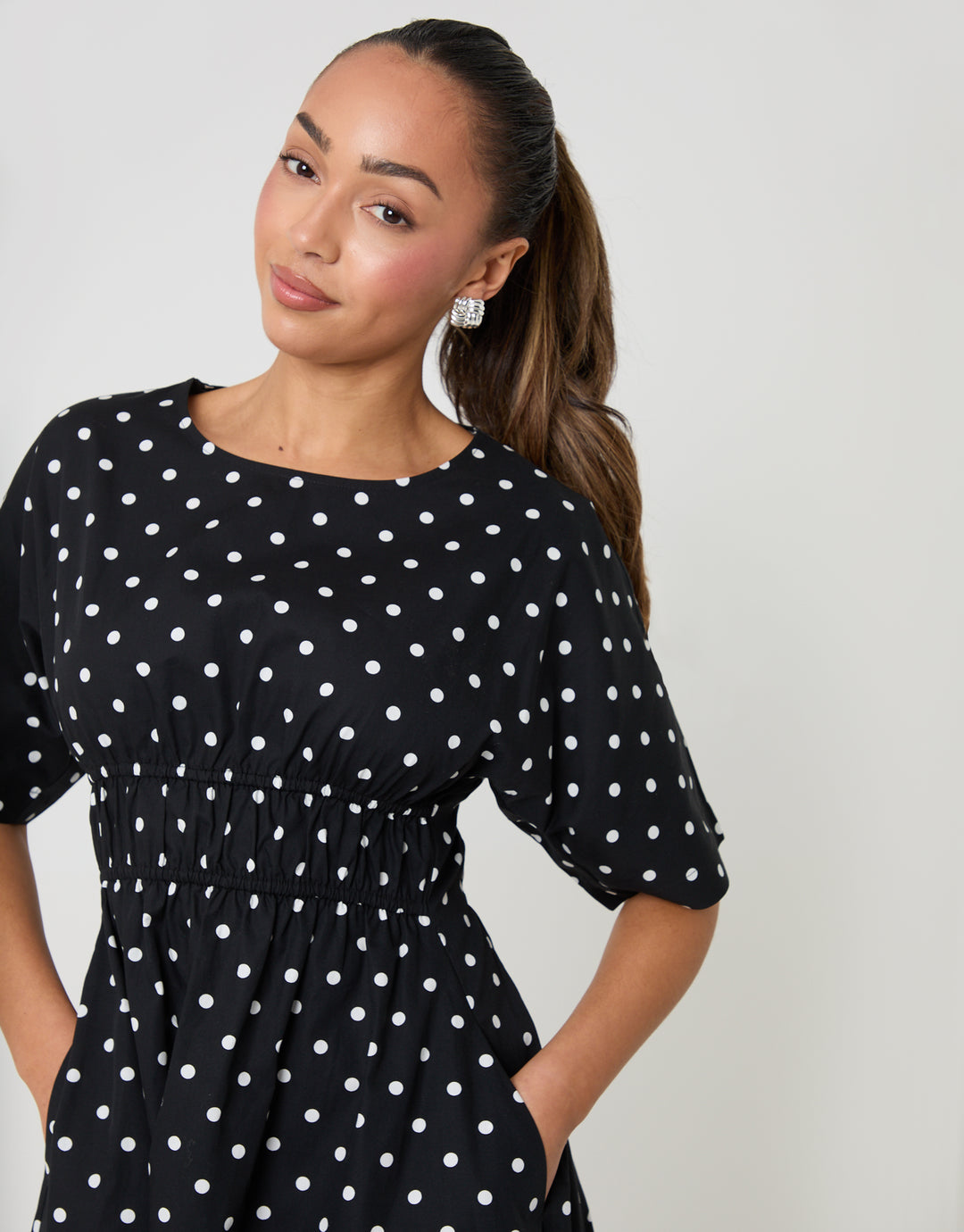 Black Polka Dot Elasticated Waist Cotton Poplin Midi Dress