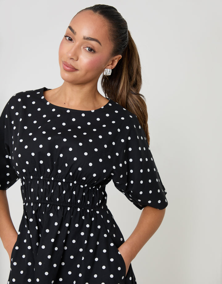 Black Polka Dot Elasticated Waist Cotton Poplin Midi Dress