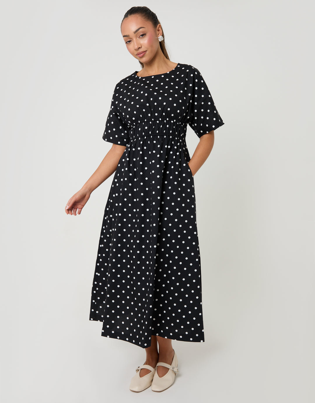Black Polka Dot Elasticated Waist Cotton Poplin Midi Dress