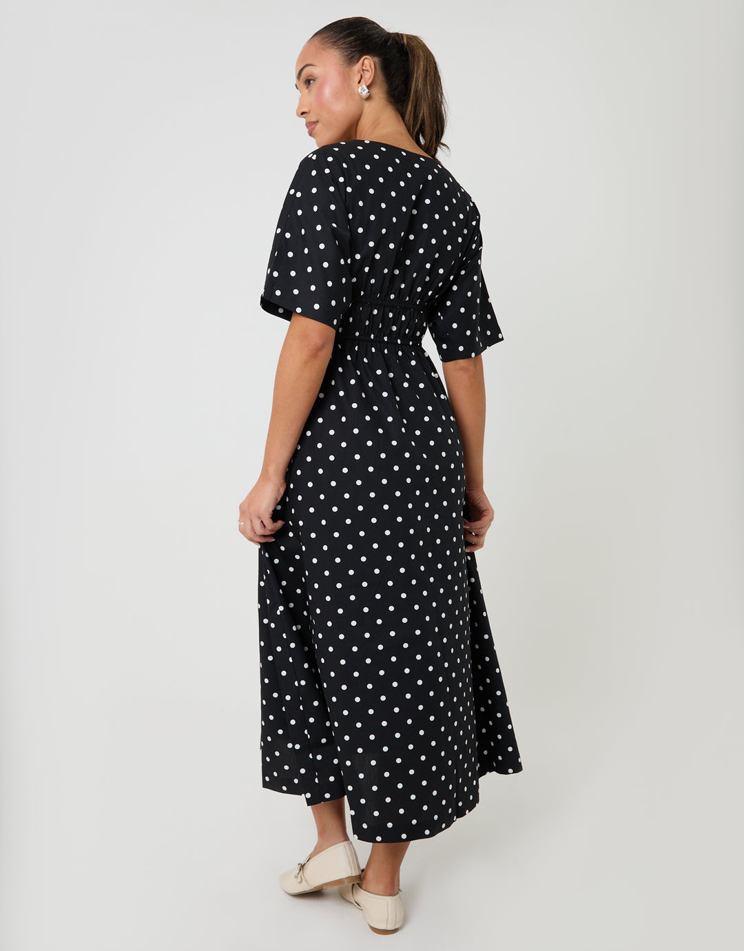 Black Polka Dot Elasticated Waist Cotton Poplin Midi Dress