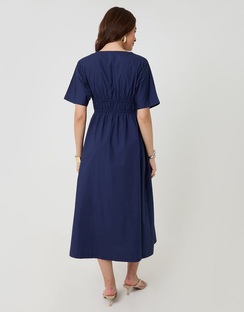 Threadbare Elasticated Waist Cotton Poplin Midi Dress in Navy - back view