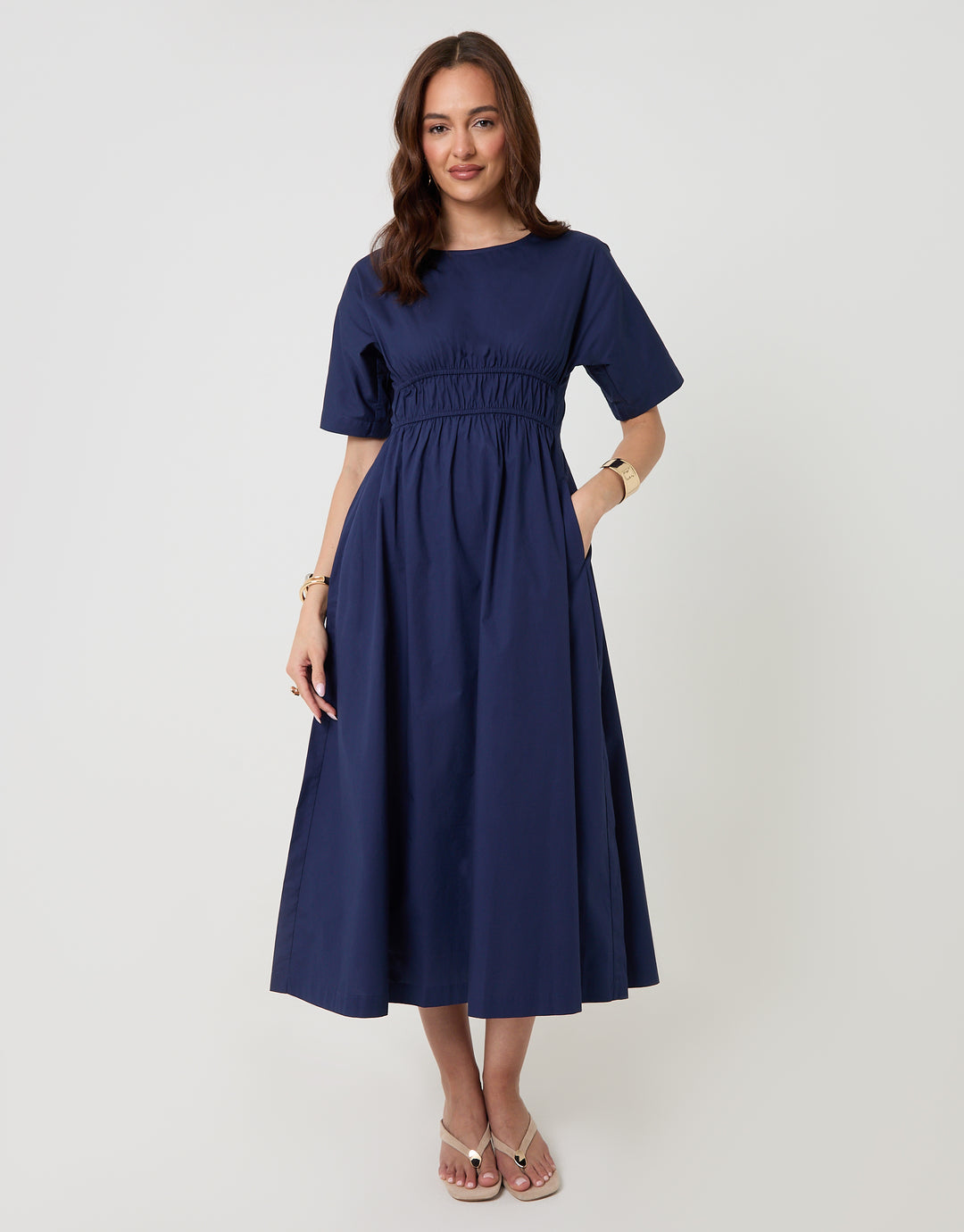 knee length dresses for ladies Threadbare Women's Navy Elasticated Waist Cotton Poplin Midi Dress