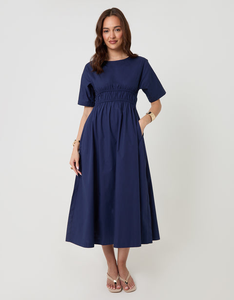 Threadbare Elasticated Waist Cotton Poplin Midi Dress in Navy - full body with pockets focus