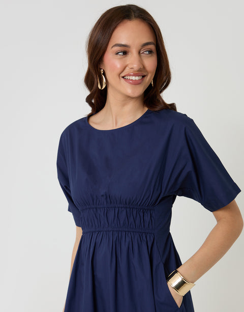 Threadbare Elasticated Waist Cotton Poplin Midi Dress in Navy - front view close up