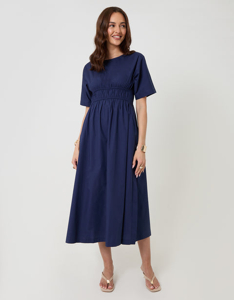 Threadbare Elasticated Waist Cotton Poplin Midi Dress in Navy - front view