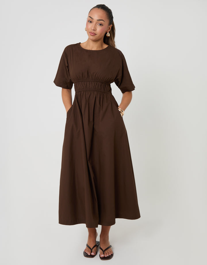 Chocolate Brown Elasticated Waist Cotton Poplin Midi Dress
