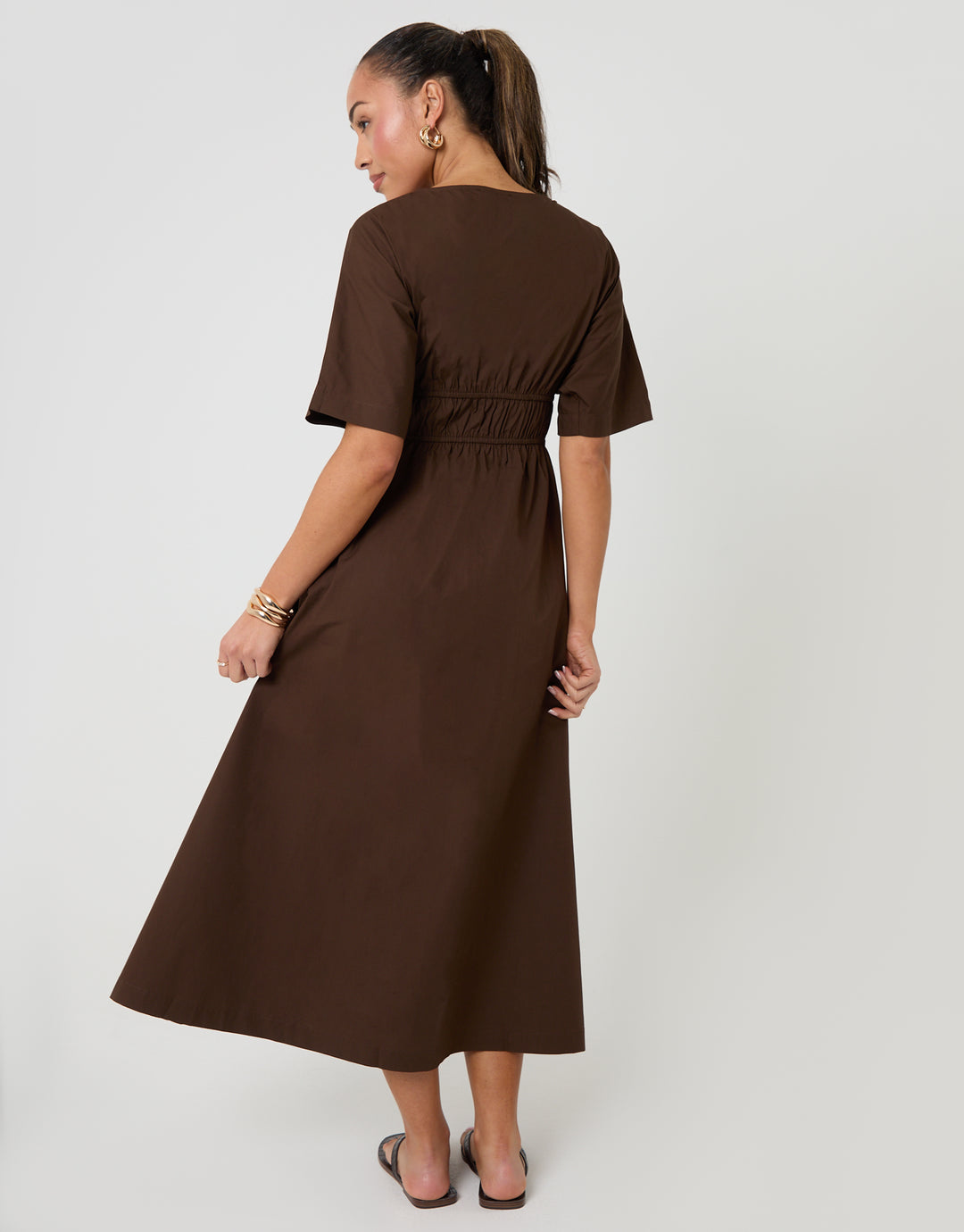 Chocolate Brown Elasticated Waist Cotton Poplin Midi Dress