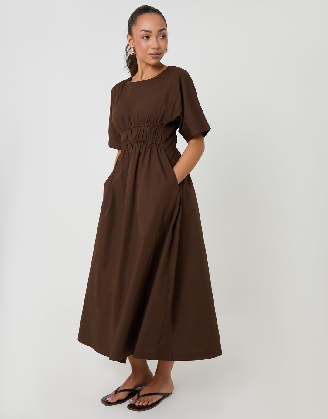 Chocolate Brown Elasticated Waist Cotton Poplin Midi Dress