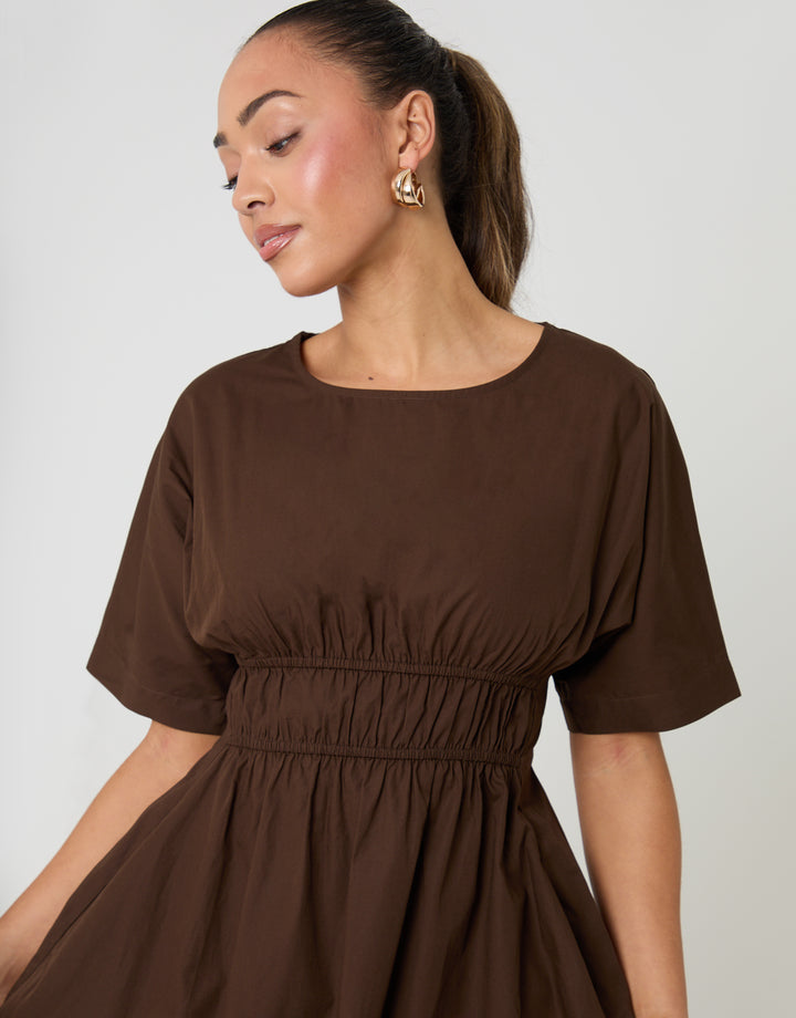 Chocolate Brown Elasticated Waist Cotton Poplin Midi Dress