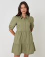 Olive Green Tiered Cotton Poplin Button Up Mini Dress