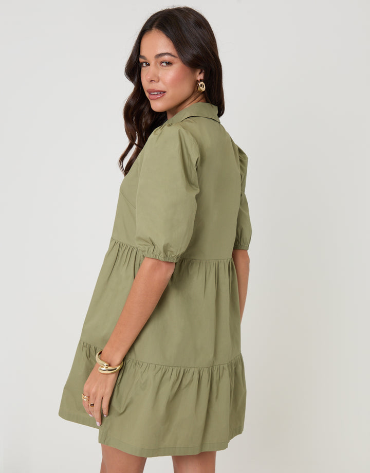 Olive Green Tiered Cotton Poplin Button Up Mini Dress