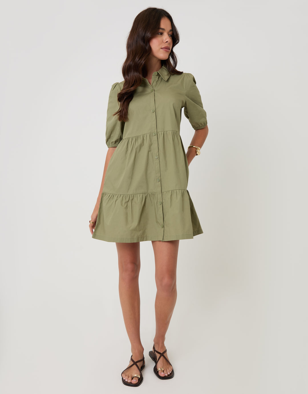 Olive Green Tiered Cotton Poplin Button Up Mini Dress