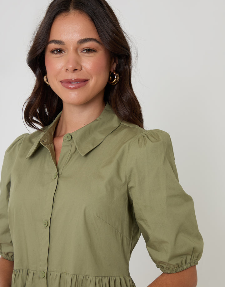 Olive Green Tiered Cotton Poplin Button Up Mini Dress
