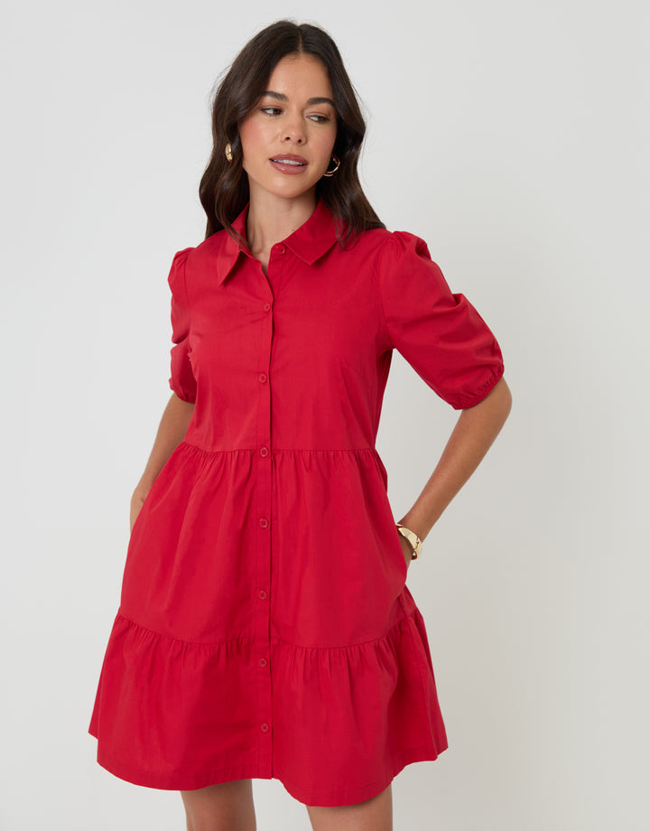 Threadbare Tiered Cotton Poplin Button Up Mini Dress in Red - front view