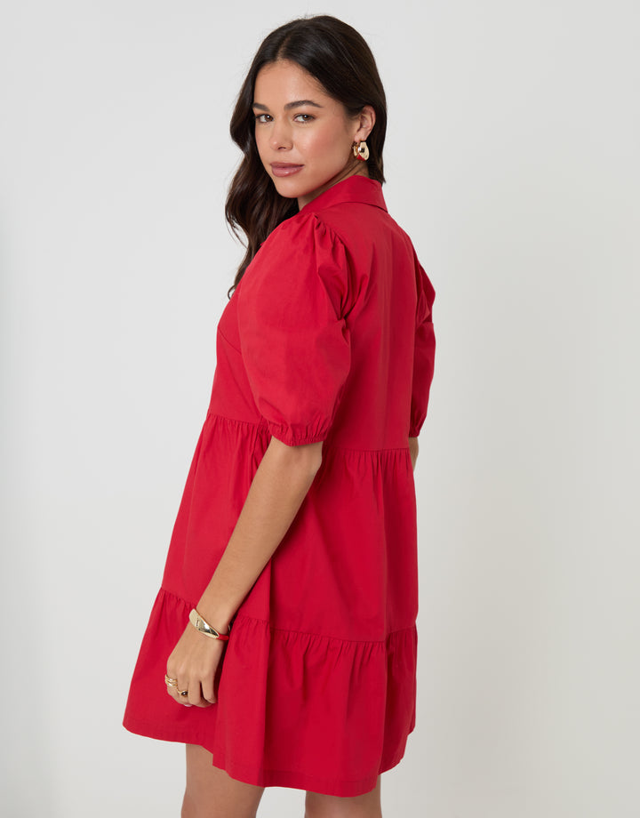Threadbare Tiered Cotton Poplin Button Up Mini Dress in Red - side view