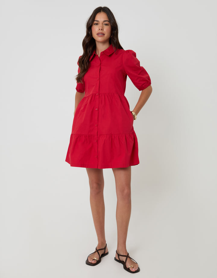 Threadbare Tiered Cotton Poplin Button Up Mini Dress in Red - full body