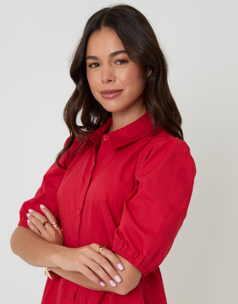 Threadbare Tiered Cotton Poplin Button Up Mini Dress in Red - side view, arms crossed