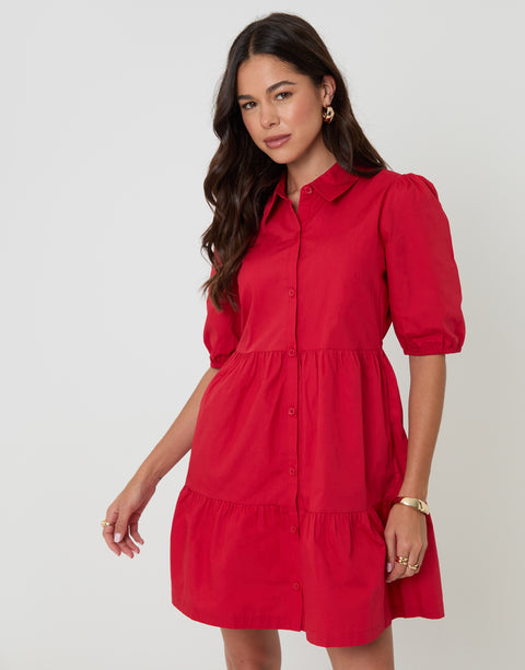 Threadbare Tiered Cotton Poplin Button Up Mini Dress in Red - front view