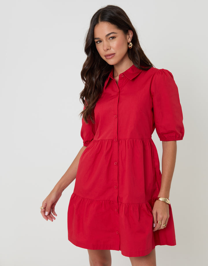 Threadbare Tiered Cotton Poplin Button Up Mini Dress in Red - front view