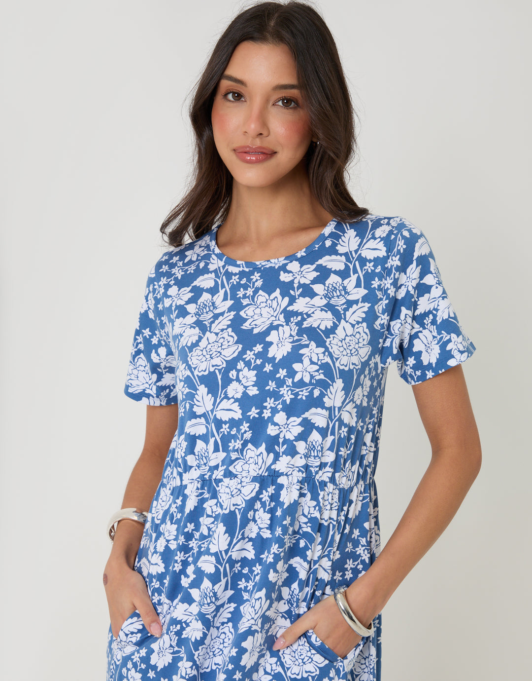 Threadbare Smock Midi Dress in Blue Floral - front view close up 