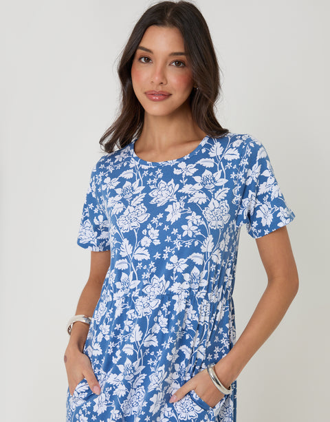 Threadbare Smock Midi Dress in Blue Floral - front view close up 