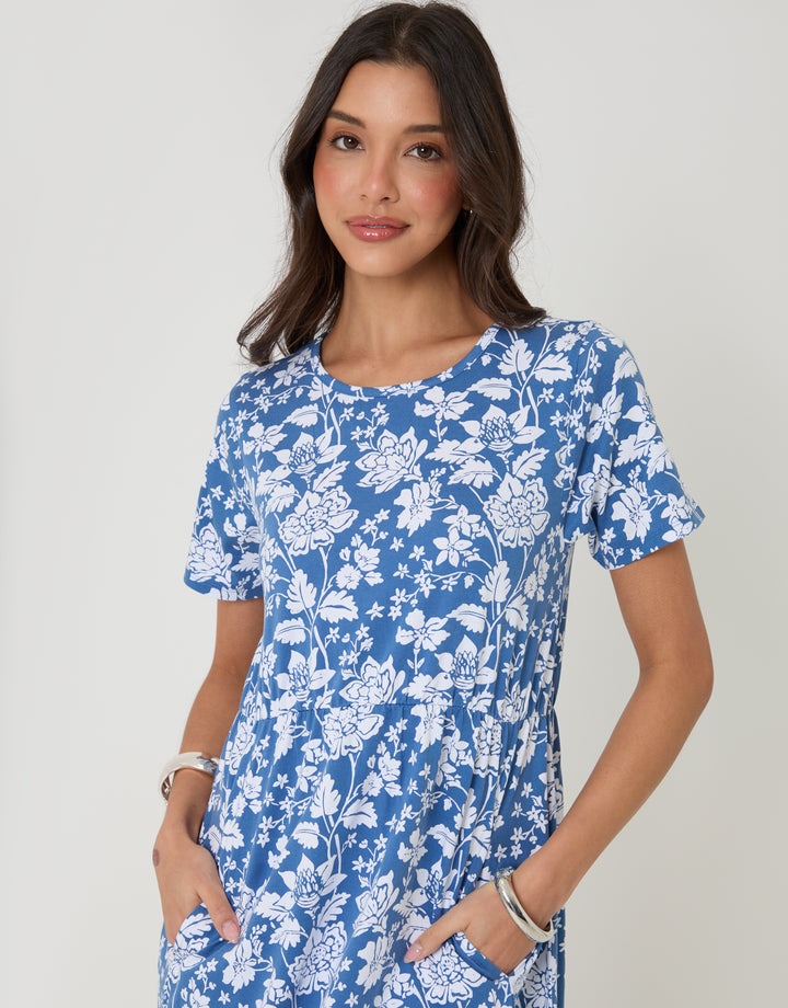 Threadbare Smock Midi Dress in Blue Floral - front view close up 
