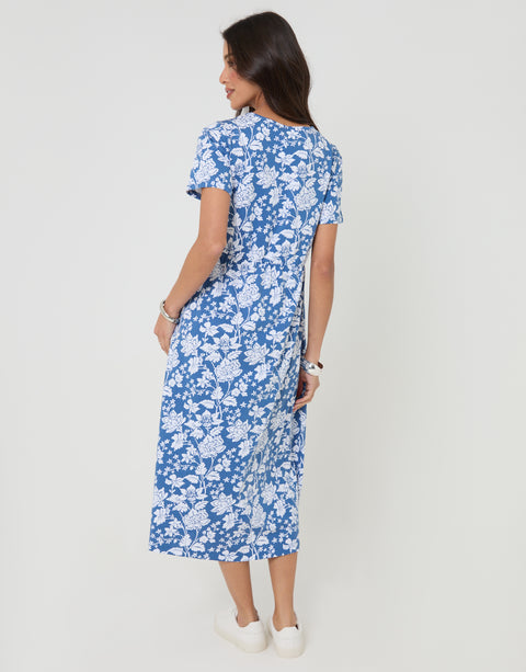 Threadbare Jersey Midi Smock Dress in Blue Floral - back view