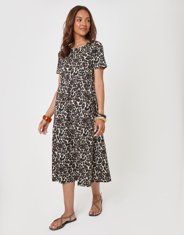 Threadbare Petite Pure Cotton Midi Smock Dress with Pockets in Leopard Print - full outfit view
