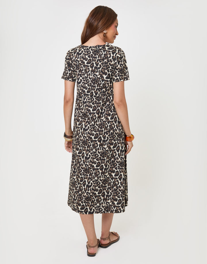 Threadbare Petite Pure Cotton Midi Smock Dress with Pockets in Leopard Print - back view