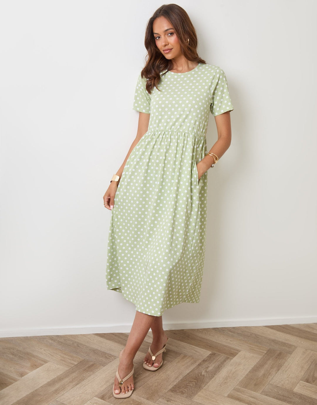 Threadbare Women's Petite Cotton Midi Smock Dress in Sage Dot
