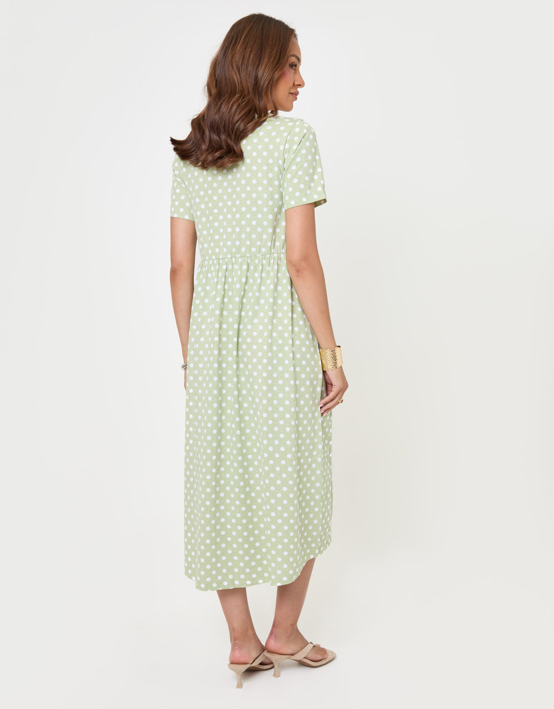 Threadbare Pure Cotton Midi Smock Dress with Pockets in Sage Spot - back view