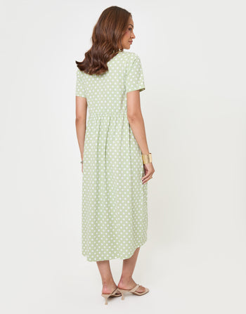 Threadbare Pure Cotton Midi Smock Dress with Pockets in Sage Spot - back view