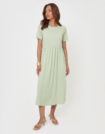 Threadbare Pure Cotton Midi Smock Dress with Pockets in Sage Spot - full length view