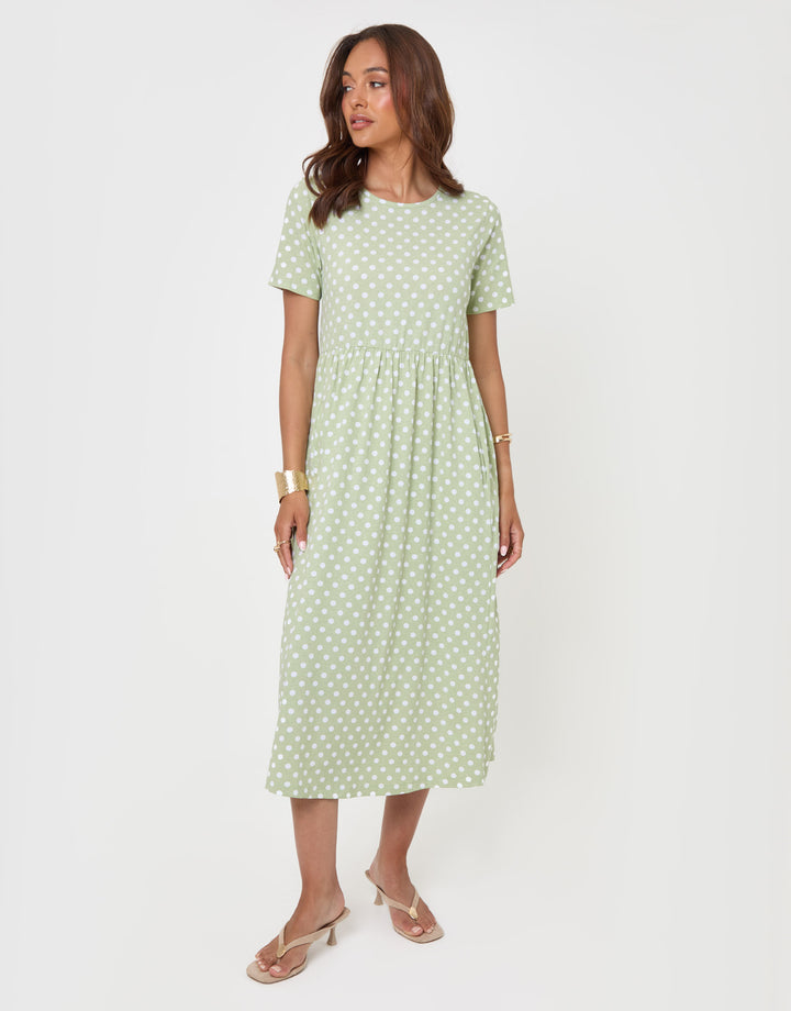 Threadbare Pure Cotton Midi Smock Dress with Pockets in Sage Spot - full length view