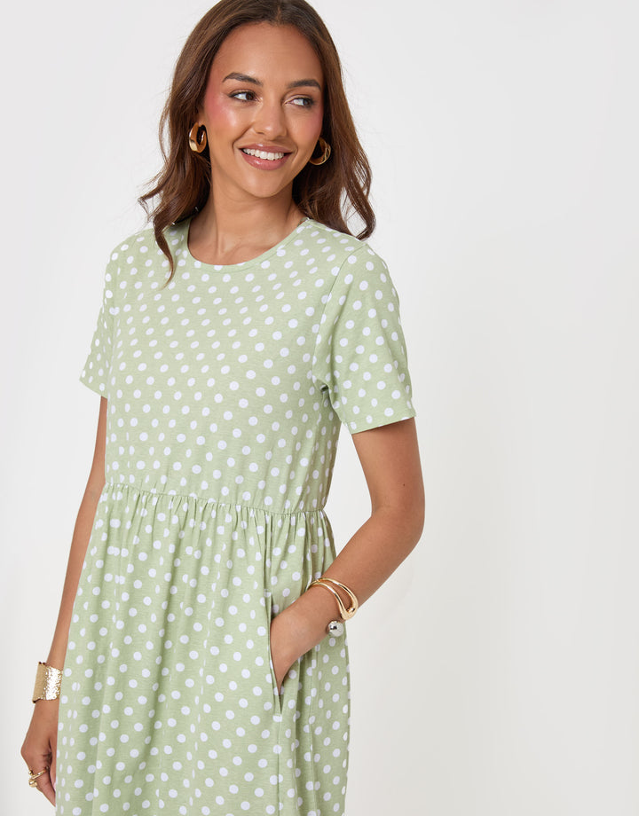 Threadbare Pure Cotton Midi Smock Dress with Pockets in Sage Spot - front close up view