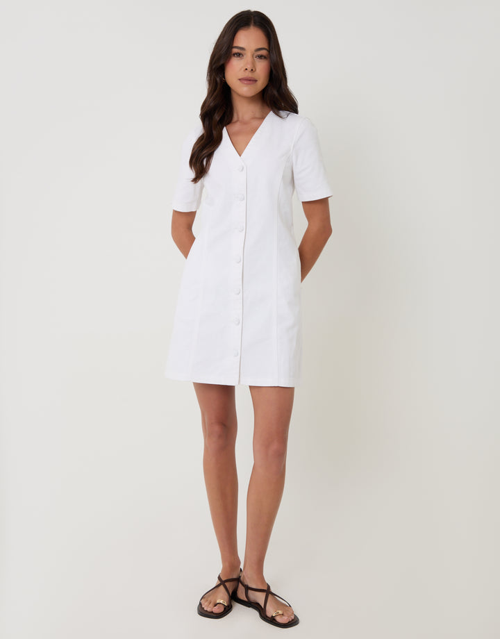 White Denim Button Up Mini Dress